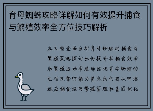 育母蜘蛛攻略详解如何有效提升捕食与繁殖效率全方位技巧解析